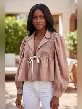 NWT Idem Ditto Carmel Smocked Blouse with Tie Size M